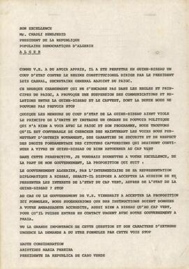 Cópia da carta do Presidente da República de Cabo Verde, Aristides Pereira ao Presidente da República Popular e Democrática  de Argélia, Chadli Bendjedid