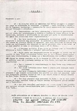Cópia da Moção apresentada em Assembleia Plenária de Praças do Comando Naval,  com a presença de soldados e cabos do C.T. I. C. V. e aprovada por unanimidade