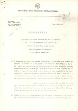 Memorando: Algumas questões relativas ao cerimonial da IIIª Conferência dos Chefes de Estado de Angola, Cabo Verde, Guiné-Bissau, Moçambique e S. Tomé e Princípe