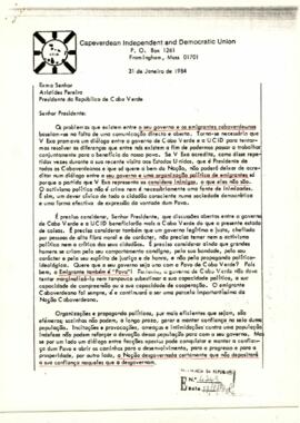 Carta do Primeiro Secretário da UCID, John C. Wahnon ao Presidente da República de Cabo Verde, Aristides Maria Pereira