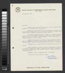 Carta datada de 29 de agosto de 1969, assinada por Aristides Pereira e dirigida a Pedro Pires