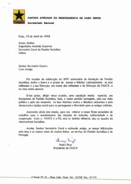 Carta do Presidente do PAICV, Comandante Pedro Pires, ao Secretário-Geral do Partido Socialista, António Guterres