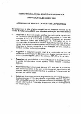 Sommet Mondial sur la Société de L'information: Accord ACP-UE relatif à la Société de l'Information