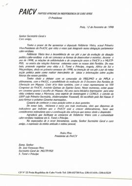 Carta do Presidente do PAICV ao Secretário- Geral do MLSTP - PSD de São Tomé e Príncipe, José Fortunato Pires