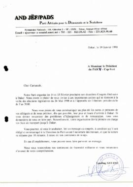 Carta do Secretário-Geral do AND JEF/PADS - Partido Africano para a Democracia e o Socialismo, Senhor Landing Savane ao Presidente do PAICV, Comandante Pedro Pires