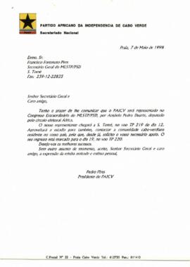 Carta do Presidente do PAICV, Comandante Pedro Pires ao Secretário- Geral do MLSTP-PSD, de São Tomé e Príncipe, Senhor Francisco Fortunato Pires