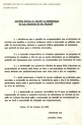 Decisões tomadas na reunião do Scretariado do CN, realizada no dia 26 de outubro de 1986