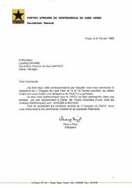 Carta do Presidente do PAICV, Comandante Pedro Pires ao Secretário-Geral do AND JEF/PADS - Partido Africano para a Democracia e o Socialismo, Senhor Landing Savane