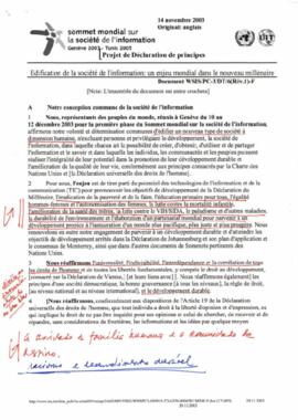 Sommet Mondial sur la Société de l'Information:  Project de Déclaration de Principes