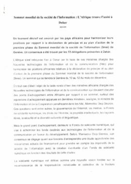 Sommet Mondial de la Société de l'information: L' Africa trouve l'unité à Dakar