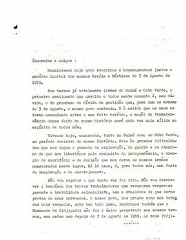 Mensagem proferida pelo Secretário Geral do Partido, camarada Aristides Pereira, por ocasião do 16° aniversário do massacre de Pidjiguiti