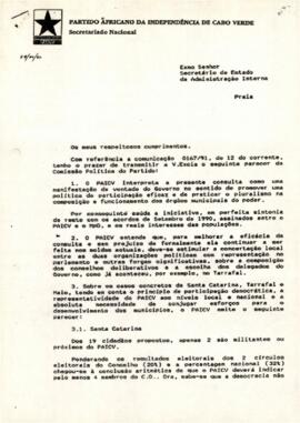 Carta de Corsino Tolentino, Secretário Executivo, ao Secretário de Estado da Administração Interna