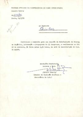 Convocatória para reunião da Sub-Comissão do Processo Orgânico, Informação e Propaganda do II Congresso