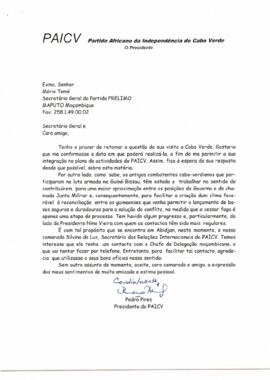 Carta do Presidente do PAICV, Comandante Pedro Pires ao Secretário Geral da FRELIMO, Manuel Tomé