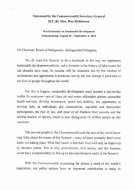 Cimeira Joanesburgo: Statement by the Commonwealth Secretary-General, H.E. Rt.  Hon. Don McKinnon