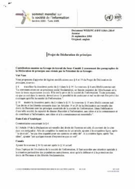 Sommet Mondial sur la Société de l'information: Contribution soumise au groupe de travail du Sous -Comité 2 concernant des paragraphes de la déclaration de principes non révisés par le Président de ce groupe