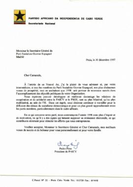 Carta do Presidente do PAICV, Comandante Pedro Pires ao Secretário Geral do Partido Socialista Operário Espanhol