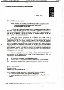 Lettre du Représentant Résident du PNUD, Joseph Byll Cataria, sur la situation du projet d’appui à la création d’un corps des jeunes volontaires pour la valorisation et la protection de l’environnement au Cap Vert