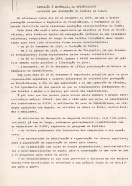 Saudação à República da Guiné-Bissau aprovada por aclamação do comício do M. E. S.