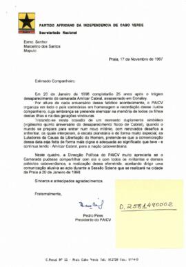 Carta do Presidente do PAICV, Comandante Pedro Pires,  endereçada a Marcelino Santos