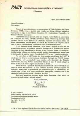 Carta do Presidente do PAICV, Comandante Pedro Pires, ao Presidente da República  da Guiné-Bissau, João Bernardo Vieira
