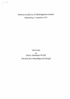 Sommet mondial sur la Développement durable: Allocution de Maître Abdoulaye Wade, Président de la République du Sénégal