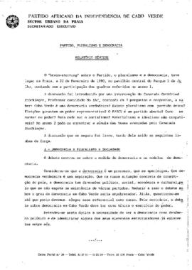 Relatório síntese do brain-storming sobre “Partido, Pluralismo e Democracia”, do Sector Urbano da Praia