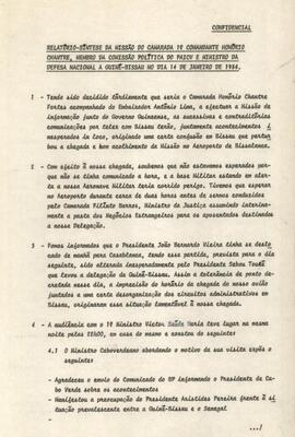 Relatório-síntese da missão do Camarada 1° Comandante Honório Chantre, membro da Comissão Política do PAICV e Ministro da Defesa Nacional a Guiné-Bissau, no dia 14 de janeiro de 1984