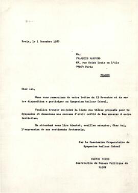 Lettre envoyée au camarade François Maspero, par Olívio Pires, Secrétaire du Bureau Politique du PAICV
