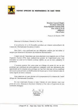 Lettre du Président du PAICV, Mr. Pedro Pires au Sécrétaire Général du Front Populaire Ivoirien (FPI), Mr. Laurent Koudou Gbagbo