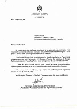 Carta do Presidente da Assembleia Nacional, António do Espirito Santo Fonseca, ao Presidente da Assembleia Nacional de França, Laurent Fabius