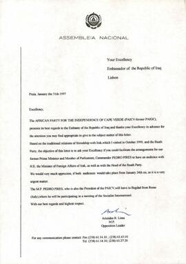 Carta do Líder da Oposição, Aristides Raimundo Lima, ao Embaixador da República do Iraque em Lisboa