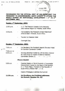 Programme for the Oficial Visit of his Excellency  the President to Johannesburg, South África to attend the World Summit on Sustainable Development