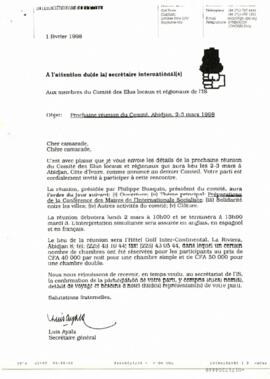 Lettre du Secrétaire Général de l'IS sur  la réunion du Comité des Élus locaux et régionaux, à Abidjan, Côte d'Ivoire