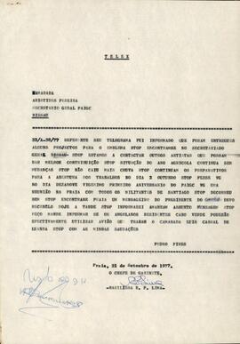 Telex do camarada Pedro Pires ao Secretário Geral do Partido,  Aristides Pereira