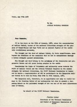 Carta-convite enviada ao Congresso Nacional Africano, por Olivio Pires, membro de Política do PAICV