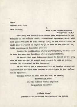 Invitation letter sent to the Board of the Lincoln University, by Olivio Pires, member of the Political Commission of the PAICV.