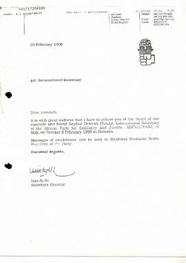 Oficio do Secretário Geral da Internacional Socialista, informando do falecimento  de Seydou Diarrah Toth, Secretário Internacional do Partido Africano para a Solidariedade e Justiça - ADEMA-PASJ, do Mali