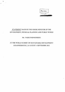 Cimeira Joanesburgo: Statement Made by the Greek Minister of the Environment, Physical Planning and Public Works, Mr. Vasso Papandreou