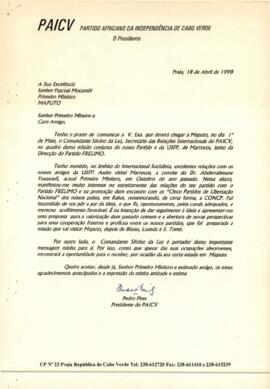 Carta do Presidente do PAICV, Comandante Pedro Pires, ao Primeiro Ministro de Moçambique, Pascoal Mocumbi