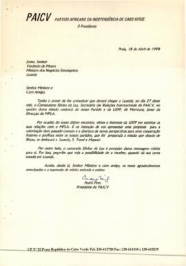 Carta do Presidente do PAICV, Comandante Pedro Pires, ao Ministro dos Negócios Estrangeiro de Angola, Venâncio da Moura