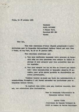 Lettre envoyée à Mr. Basil Davidson, par Olívio Pires, Secrétaire du Bureau Politique du PAICV