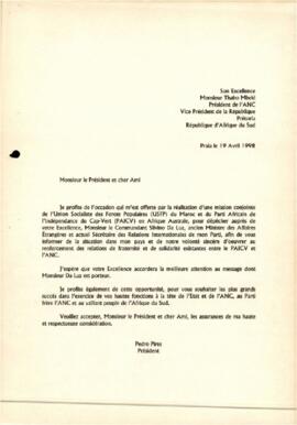Carta do Presidente do PAICV ao Presidente da ANC,  da África do Sul, Senhor Thabo Mbeki