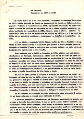 Carta de Manuel Tolentino ao camarada Presidente do CNCV do PAIGC