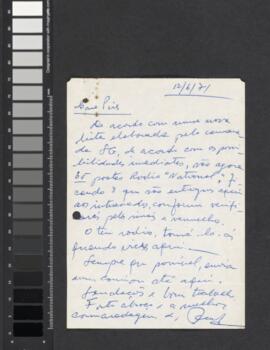 Mensagem manuscrita dirigida ao camarada Pires, sobre o envio de 65 postos da Rádio Nacional