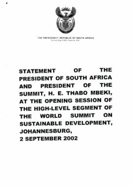 Cimeira Joanesburgo: Statement of the President of South Africa and President of the Summit, H.E. Thabo Mbeki