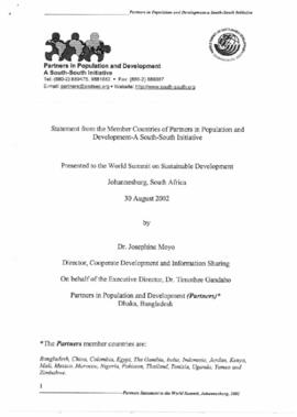 Cimeira Joanesburgo: Statement from the Member Countries of partners in Population and Development, a South-South Initiative