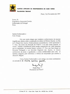 Carta do Presidente do PAICV, Comandante Pedro Pires ao Embaixador de Portugal em Cabo Verde, Engenheiro Anacoreta Correia