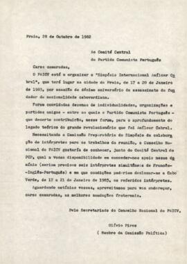 Carta-convite enviada ao Comité Central do Partido Comunista Português, por Olivio Pires, membro da Comissão Política