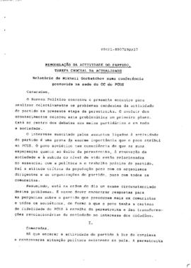 Remodelação da atividade do Partido, tarefa crucial da atualidade: Relatório de Mikhail Gorbatchov numa conferência promovida na sede do CC do PCUS